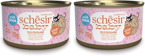 Schesir Baby, Filetes de Pollo con Salmón en Caldo, Alimento Húmedo Completo para Gatitos, sin Cereales, con DHA y Taurina, Rico en Hidratación, 12 x 70 g (Paquete de 2)