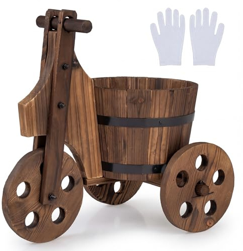 COSTWAY Carrello Portafiori in Legno Massello, Carretto Portapiante con 3 Ruote, Foro di Drenaggio e Guanti, Fioriera Triciclo da Interno ed Esterno per Patio, Balcone e Giardino