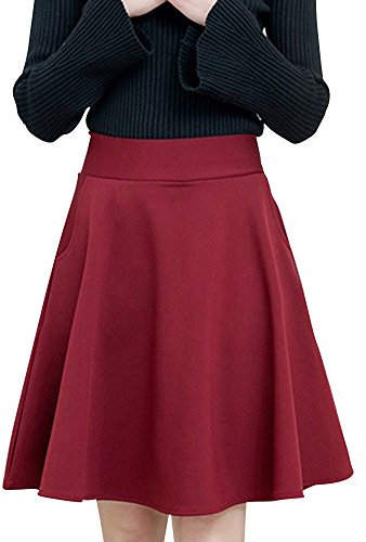 ShiFan Dam elegant hög midja veckad kjol knälång utsvängd klockkjol med ficka, vinröd, 3XL(midja 35.5-46.5)