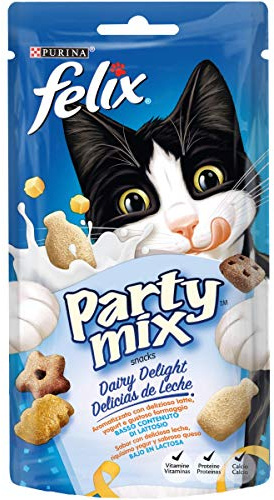 Purina Felix Party Mix Dairy Delight, Snack, premio para Gato con Leche, Yogurt y Queso, 8 bolsas de 60g
