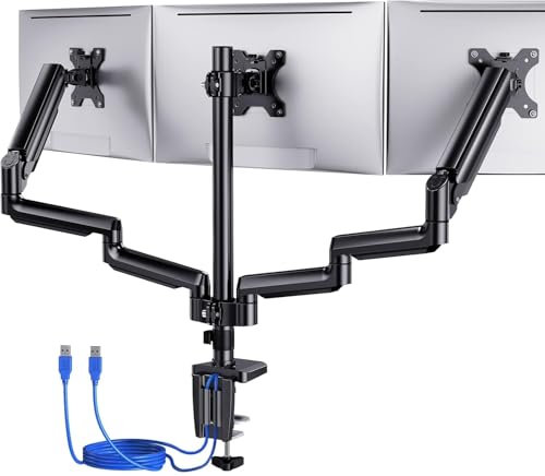 ErGear Monitor Halterung 3 Monitore für 13 bis 27 Zoll Bildschirme, Bildschirmhalterung 3 Monitore mit 2 USB-Anschlüssen; Jeder Monitorarm trägt max. 8kg, Monitorhaltrung mit VESA 75/100