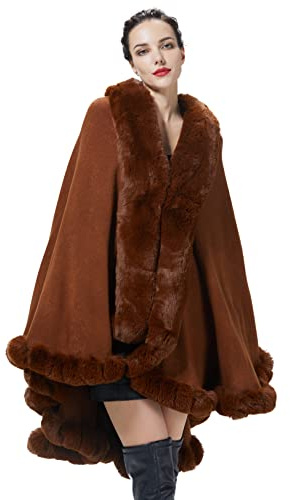 BEAUTELICATE Cape Manteau Femme Tricoté Poncho Cardigan Grande Taille Fausse Fourrure Châle Étole pour Automne Hiver Mariage Soirée Mariée Noël Fête(Taille Unique, Marron)