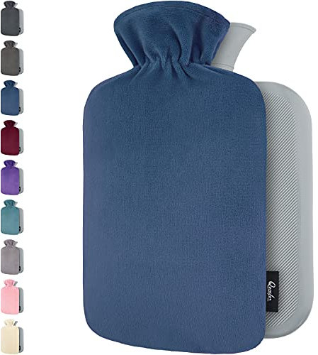 Wärmflasche mit Bezug – Weicher Premium Vliesbezug – 1,8l groß Wärmeflasche, Wärmflasche Kinder, Bettflasche für Erwachsene - Dunkelblau