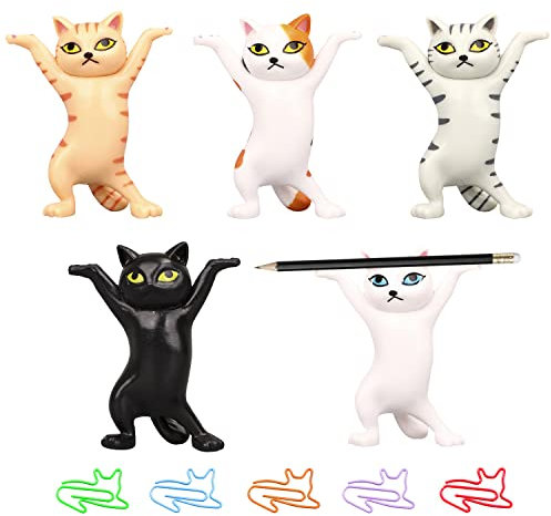 Paquete 5 Soportes Bolígrafos Gatos Bailando con 5 Clips Papel Gato, Decoración Mini Levantamiento Pesas, Tapones Oídos, Baile Ataúd