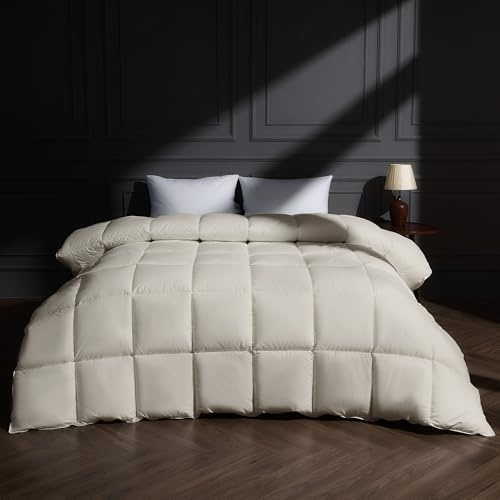 puredown® Goose Feather Down Fiber Comforter Twin Size, All Season 100% Cotton Duvet Insert Medium Warmth, Cloud Soft Hotel Luxury Collection Bedding Comforters Cream 90 x68