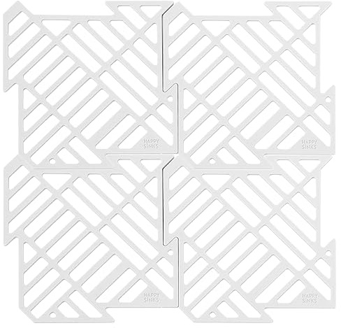Happy Sinks Inserto per lavello in silicone – 16,3 x 16,3 cm, bianco, confezione da 4 pezzi, resistente al calore e ai graffi, tappetino per lavello, flessibile come tappetino per lavello – versatile