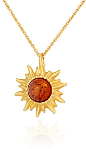AMBEDORA Collana Donna Piccolo Sole Con Ambra, Argento Placcato Oro, Ambra Baltica Rotonda Color Cognac, Ciondolo in Argento con Catenella