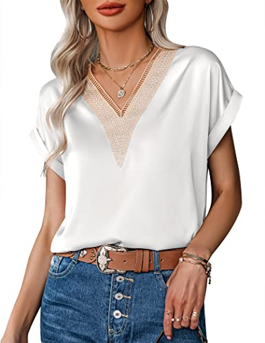 Zeagoo Womens Silk Satin Top Short Sleeve Casual Blouse Shirts Elegant Loose Fit Ladies Summer Tops White L