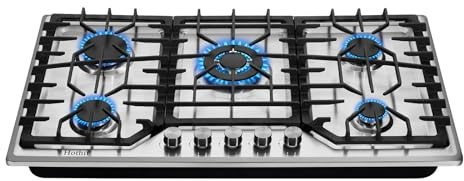 5 Burners 36 inch Gas Cooktop, Stainless Steel Gas Range Top, Gas Cooker Stove Propane Gas/Natural Gas Convertible AHT36IN10S-SD