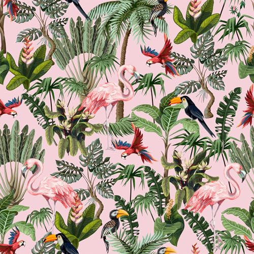 VEELIKE Tropische Tapete Blumen Rosa Klebefolie Flamingos Dschungel Tapete Kinderzimmer Mustertapete Baum Grün Blätter Blumentapete Vintage Dekoration Schlafzimmer Möbelfolie Muster 44.5cm×300cm