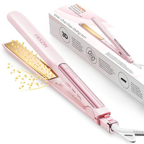 Faszin - Plancha para pelo, placas de titanio liso, calentamiento rápido en 20S, plancha de pelo iónica protectora, pantalla LCD, voltaje universal, alisador de pelo 2 en 1 (rosa)