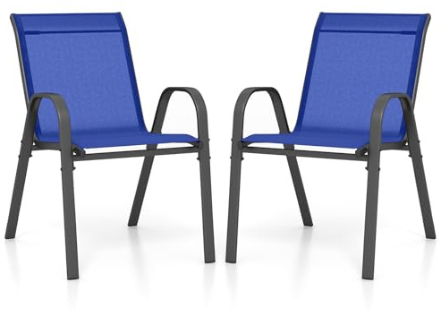 COSTWAY Set med 2 trädgårdsstolar, stapelstolar av textil- och metallram, terrassstolar med armstöd, balkongstolar kan belastas upp till 150 kg, 56 x 70 x 84 cm (blå)
