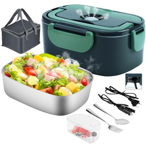 Gentre Lunch Box Scaldavivande Elettrico Portatile 4 in 1 per Auto Camion e Ufficio 12V/24V/110V/220V 1.5L 60W Porta Pranzo in Acciaio Inox, Scomparti, Forchetta Cucchiaio e Borsa Per il Trasporto