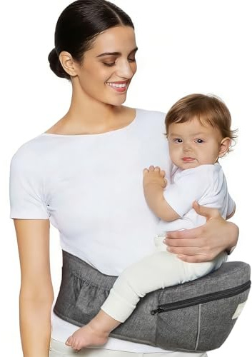 Safotad Bärsele med höftsits, ergonomisk framdel för nyfödda och småbarn, justerbart midjeband med starkt stöd, design med stor ficka, grå