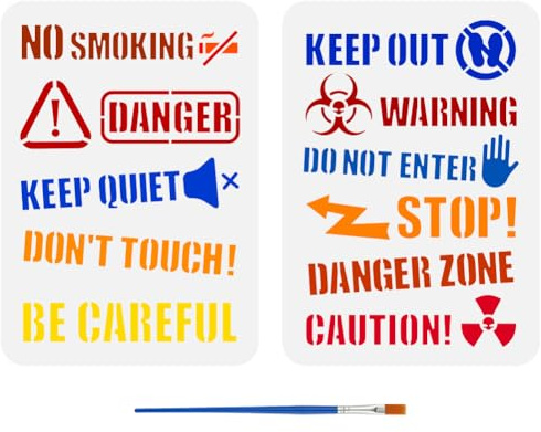 FINGERINSPIRE 2 Pochoir de Dessin de Mots D'Avertissement Avec Pinceau 29.7X21cm Modèle de Panneaux Avertissement Interdiction Fumer Arrêtez Garder Silence Pochoir Danger pour Bois Mur Tissu Meubles
