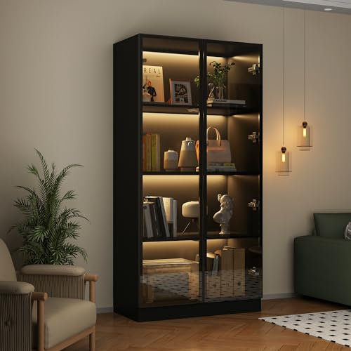 DAWNSPACES Vitrinenschrank mit LED-Beleuchtung und Glastüren, Pop-up-Design Vitrinen,Glasvitrine mit 4-stufigen Einlegeböden,Wohnzimmervitrine,Aluminiumrahmen,Schwarz,80x40x160cm