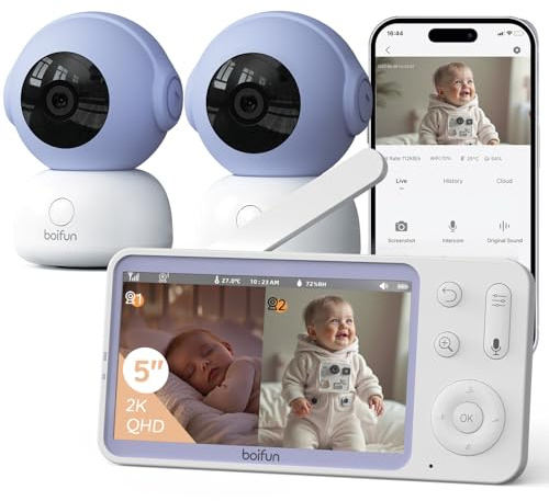 BOIFUN 2K Vigilabebes con 2 Camaras con App Movil, 5 Pantalla Dividida, Rotación 360°, Monitoreo de Movimiento y Seguimiento Automático, Alarma de Área Personalizada, Zoom 4X, VOX