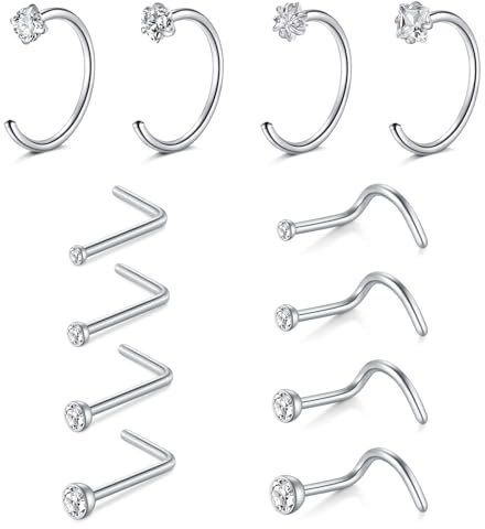 AVYRING Set di 12 piercing da naso per uomo e donna, in acciaio inox 18 G e spina a forma di L con zirconi, argento/oro, per tutti i giorni e occasioni speciali, Acciaio inossidabile