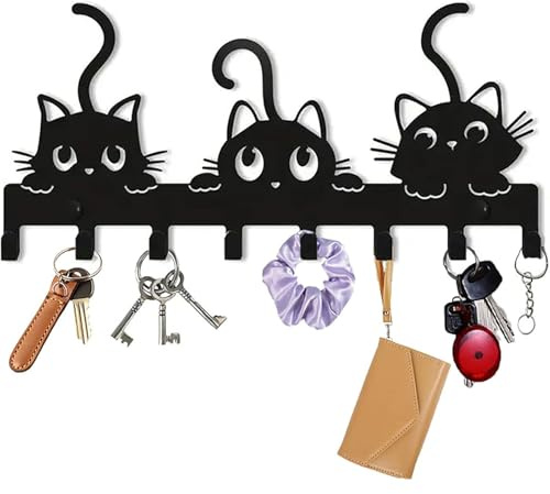 BEJAGWUS Schlüsselbrett Modern aus Metall,Hakenleiste mit Katzenkunstmuster,Schlüsselhalter Schlüsselhaken Wandgarderobe mit 8 Haken,Wand Deko für Flur,Wohnung,Wohnzimmer & Küche (3 Katzen)