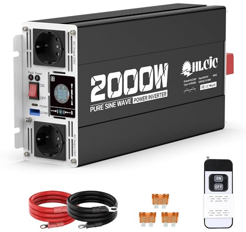 HLCJC Convertitore di Tensione 2000W/4000W Inverter a Onda Sinusoidale Pura da 12V a 230V, con 2x Prese EU, 1x USB-C PD 30W, 1x USB-A QC 3.0 18W Ricarica Rapida, Display LCD per Camper Camion Auto