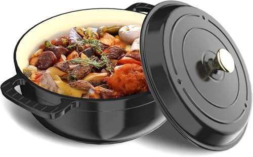 LEADZM Cocotte Fonte Induction 26cm 4,7L, Casserole Induction, Faitout pour Braiser Ragoûts Rôtir Pain (Noir)