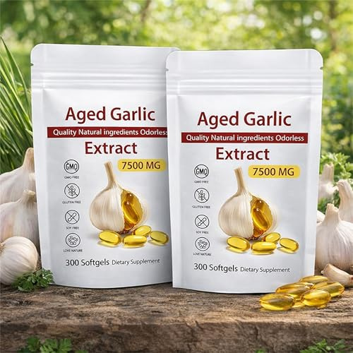 Estratto d'aglio invecchiato 2 anni 500 mg, 300 capsule molli | Formula concentrata 15:1 equivalente a 7.500 mg di aglio | Inodore e adatto ai social | Vegano, Non OGM, Senza Glutine (2)