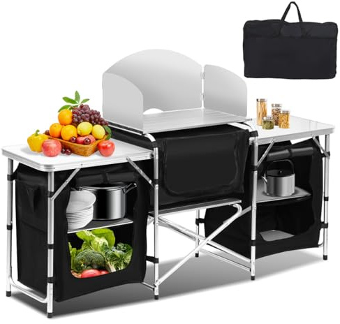 Vkechh Campingküche Faltbar Campingschrank mit Aluminiumgestell und Spritzschutz, 5 Staufächer, Küchenbox, Zeltschrank, Outdoor Camping Küche Ink. Tragetasche, Reiseküche für Camping, Picknick, Reisen