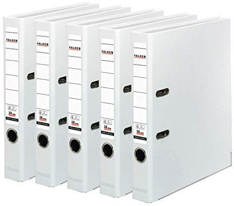 Original Falken 5er Pack PP-Color Kunststoff-Ordner. Made in Germany. 5 cm schmal DIN A4 weiß Vegan Ringordner Aktenordner Briefordner Büroordner Plastikordner Schlitzordner