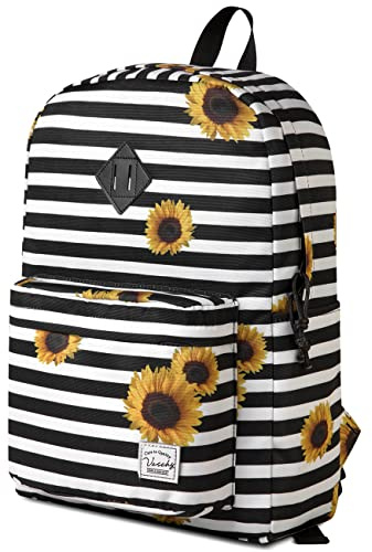 VASCHY Mochila escolar, ligera repelente al agua mochila hombre mochila mochila mujer niños niño ocio para niña escuela secundaria adolescentes colegio negocios viajes, Girasol Rayas, Práctica