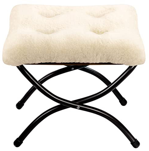 HollyHOME Fußhocker Klappbar Fußablage Fußstütze Faltbar Sitzhocker mit Metallbeinen Fusshocker mit Abnehmbar Gepolsterte Sitzfläche, Plüsch Beige