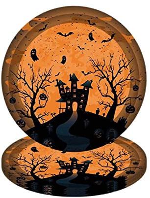 Halloween Assiettes Jetables Rondes en Carton 18cm,16 Pièces Orange Chauve Souris Papier Assiettes Recyclables,Biodégradables Assiette en Papier pour Fête d'Halloween Fournitures Décorations Table