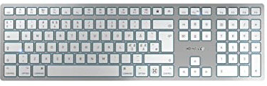 CHERRY KW 9100 SLIM FOR MAC, Kabellose Mac-Tastatur, Pan-Nordisches Layout (QWERTY), Bluetooth oder 2,4 GHz Funk, Flache Tasten, Wiederaufladbar, Weiß-Silber