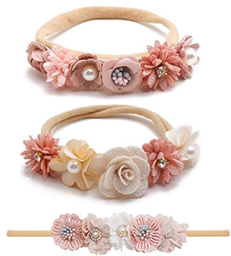 LICHUANUK 3 Stück Baby Mädchen Nylon Stirnbänder Blume elastisches Haarband,Baby Schmuck Stirnband mit Blumen,Haarschmuck für Säuglinge Kleinkinder Blumen Haarband Kinder