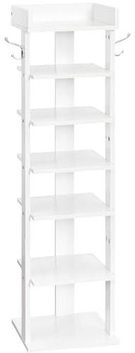 HOOBRO Vertical Shoe Rack for Front Door Entryway, 7 Tier Wooden Shoe Storage Organizer with Hooks, Narrow Shoe Tower for 7 Pairs, Space Saving, for Corner, Closet, Bedroom, White WT61XJ01