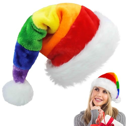 POPOYU Cappelli di Natale in Peluche Arcobaleno,Cappello Babbo Natale Bambini Adulti,Peluche Cappello Natalizio Morbido Confortevole,Extra Spesso Velluto Classici Cappelli di Natale Rossi Unisex