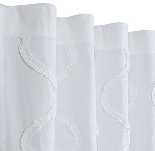 Bedding Craft White Farmhouse Tab Top Curtains 96 Inch Long – Set of 2 Cotton Semi Sheer Light Filtering Drapes with Frill Trim, Rustic Boho Window Curtains for Living Room Bedroom