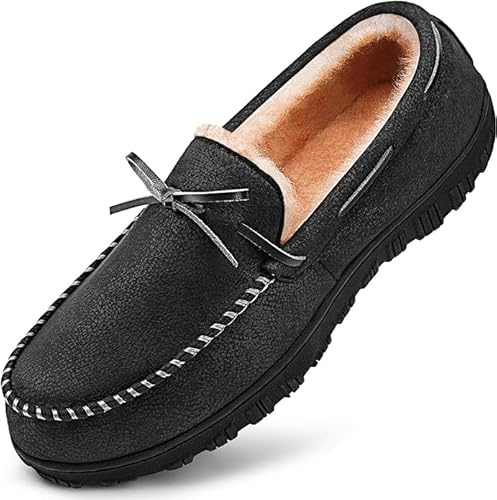 MIXIN Men's Cosy Slippers Anti-Slip Faux Fur House Shoes with Memory Foam Dark Black Size 10