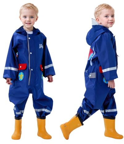 Vckrio Bambini Tuta da Pioggia Impermeabile Ragazzi Blu Marino Aereo Modello Giacca Antipioggia con Strisce Riflettenti Portatile Tutina Pioggia Impermeabile Un Pezzo con Cappello per Bambino 1-2 Anni
