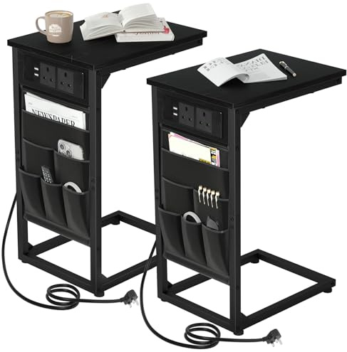 AMHANCIBLE C-Shaped Side Table Set of 2 , Sofa Table with Charging Station, 2 USB & AC Outlets, Bedside Table with Cloth Storage Bag, End Table for Small Spaces, Coffee Table for Living Room, Black