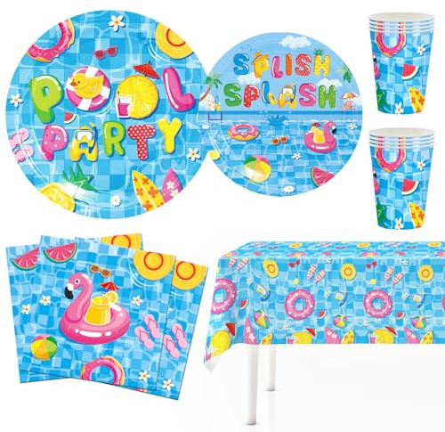 MORAINJAY Fiesta de Cumpleaños Piscina Vajilla, 51 Piezas Platos, Vasos, Servilletas, Decoraciones de Mesa Para Fiestas Temática de Playa y Verano