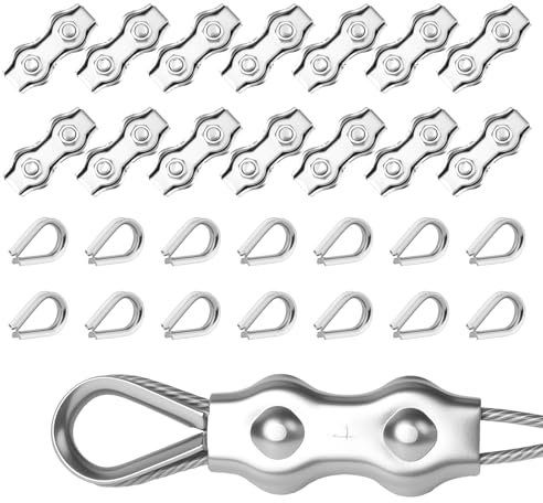 Flintronic M3 Abrazadera de Cable Abrazadera Dúplex,14 Piezas Abrazadera Cable de Alambre de Acero Inoxidable 304 con M3 Guardacabo, Abrazadera de Cuerda de Acero Inoxidable, para Cable Acero de 3 mm