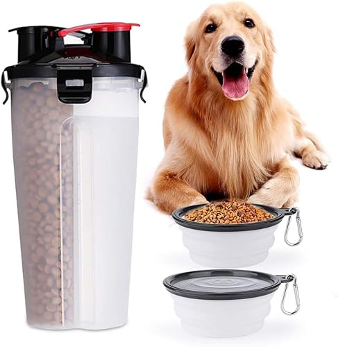 Botella de Agua y Comida para Perros Portátil con 2 Cuencos Plegables de Viaje, Taza Dispensador de Agua, Contenedor de Almacenamiento Al Aire Libre