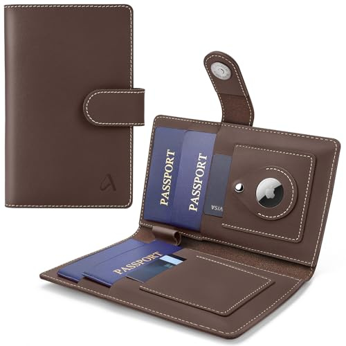 ALLIVE Family Passport Holder, Rfid Blocking Passport Wallet with AirTag Slot, Genuine Leather Travel Document Organizer for Women & Men, Airport Essentials, Travel Gift (Coffee Brown)