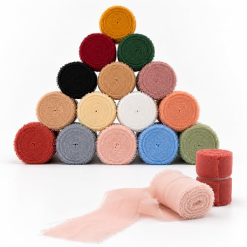 NETFLO 15 Rolls Chiffon Ribbon 1 × 3.1Yd Frayed Ribbon 46Yd Mixed Colours | Fringe Edge Fabric Ribbon for Gift Wrapping Wedding Decorations Party Decorations Bouquets DIY Craft
