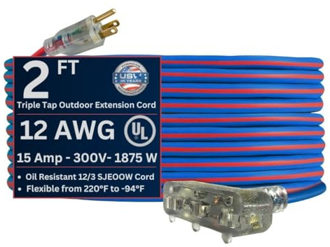 US Wire and Cable 12/3 Gauge x 2-Foot Extreme Cold Weather Triple Tap Extension Cord – Heavy-Duty, 221°F to - 94°F Rating, Lighted Plug, SJEOOW, Weather-Resistant, Ideal for Outdoor Use