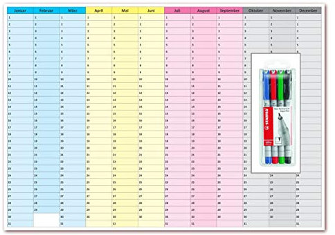 Wandkalender immerwährend nass abwischbar inkl. Stifteset Jahresplaner Dauerkalender extra groß DIN B1 Format 100x70 cm, durch sein zeitloses Layout ist der Kalender jedes Jahr wieder verwendbar - ewiger jahresunabhängiger Kalender
