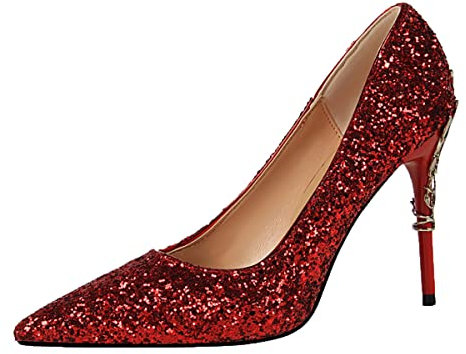 JOEupin Women Basic Pumps Sparkling Glitter High Heel Sexy Wedding Party Stiletto Heels Shoes, Red, 4 UK