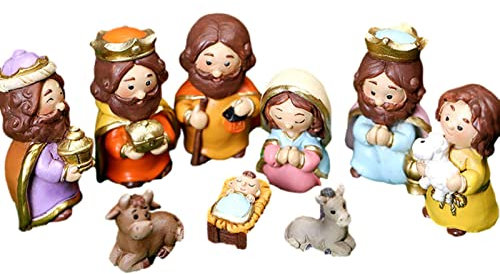 Pomurom 10 Pezzi Set Presepe di Natale, Figure del Presepe Resina, Presepe Natalizio Completo Moderno con 7 Figure, Statue Presepe Tradizionale, Presepe Decorativo per Ufficio Domestico Chiesa Scuola