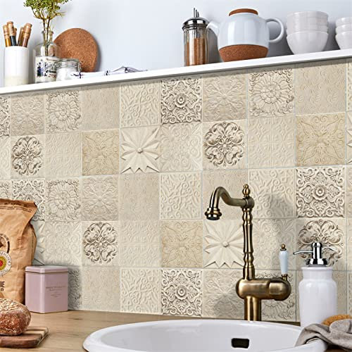 Piastrelle Adesive Cucina Modello Astratto Beige Pavimento Pvc Adesivo Impermeabile Piastrelle Adesive Bagno Adesivi Murali Cucina Mattonelle Adesive Decorazione 10x10cm/24 Pezzi