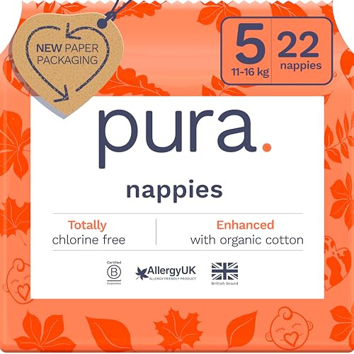Pura Couche Écologiques, Taille 5 (11-16kg), 1 Paquet (22 Couches), Ultra Douces pour Peau Sensible, Coton Bio, Jusqu'à 12 Heures de Protection Contre les Fuites